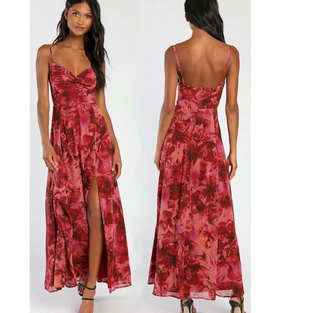 Lulus Beautiful Soul Burgundy Floral Print Twist-Front Maxi Dress XS New NWT